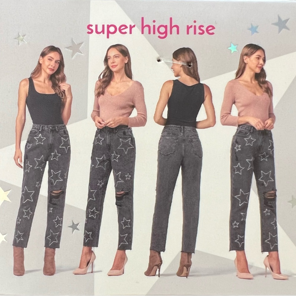 EMBELLISHED STAR RHINESTONE High Waisted, Cropped BLACK DENIM JEANS Size 13/31